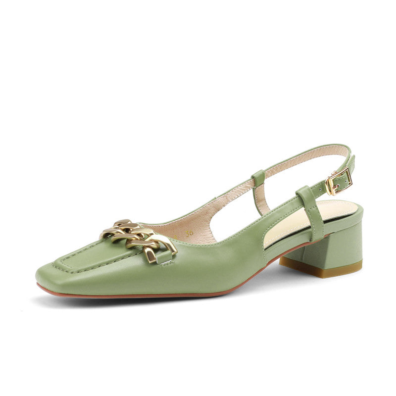 Iyana Square Toe Green Slingback Heels with Gold Chain