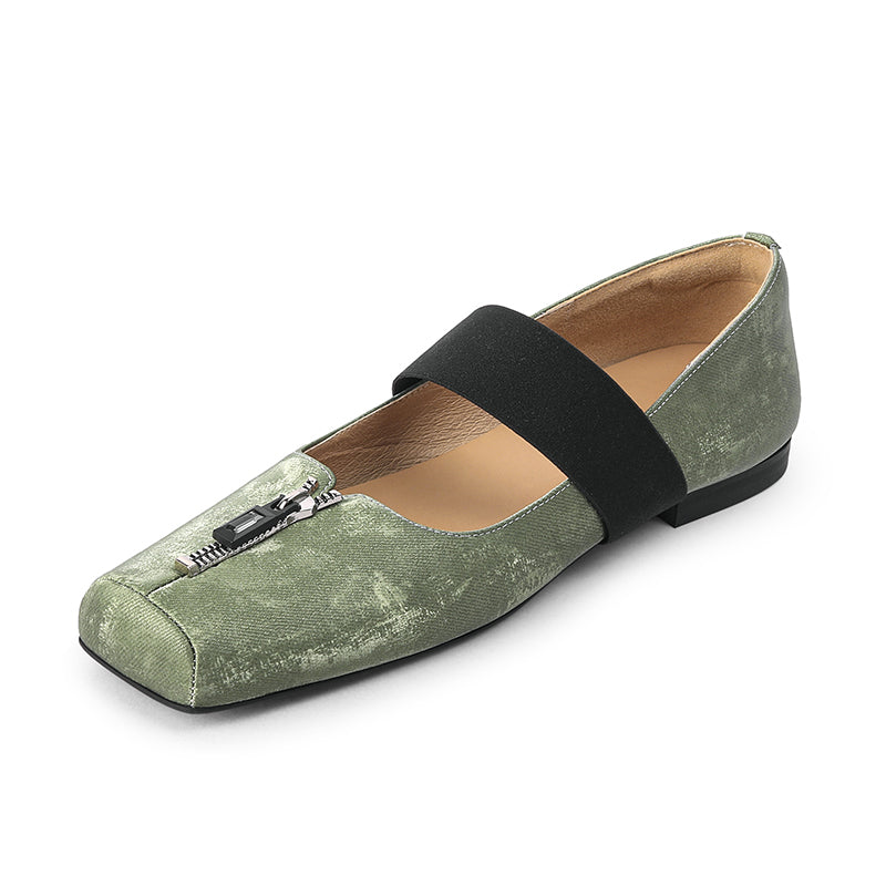 Square Toe Ballet Flats with Zip