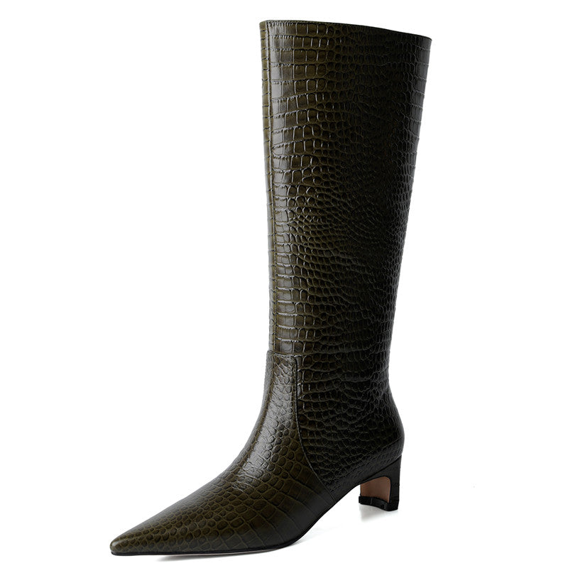 Winifred Crocodile Print Wide Calf Knee High Boots
