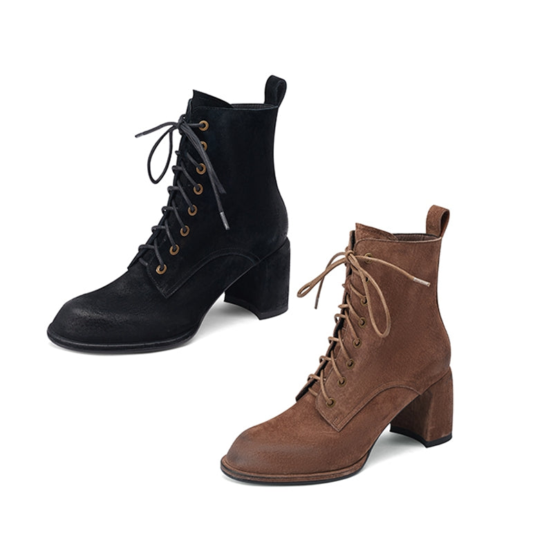 Yusra Genuine Leather Chunky Heel Lace up Ankle Boots