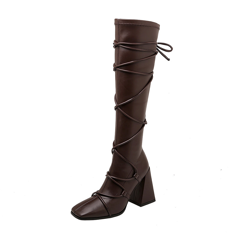 Eva Vegan Leather Chunky Heel strappy Knee High Boots