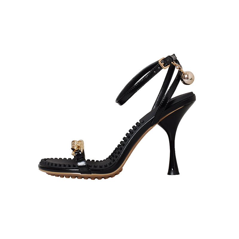 Ilana Black Ankle Strap Sandals Heels with Gold Chain