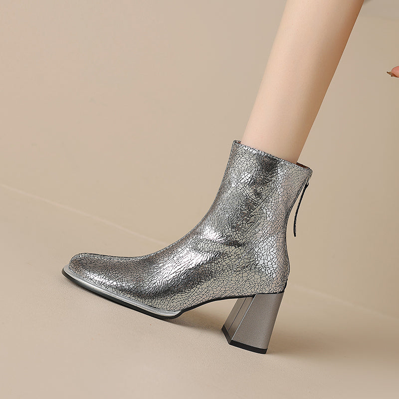 Silver block cheap heel booties