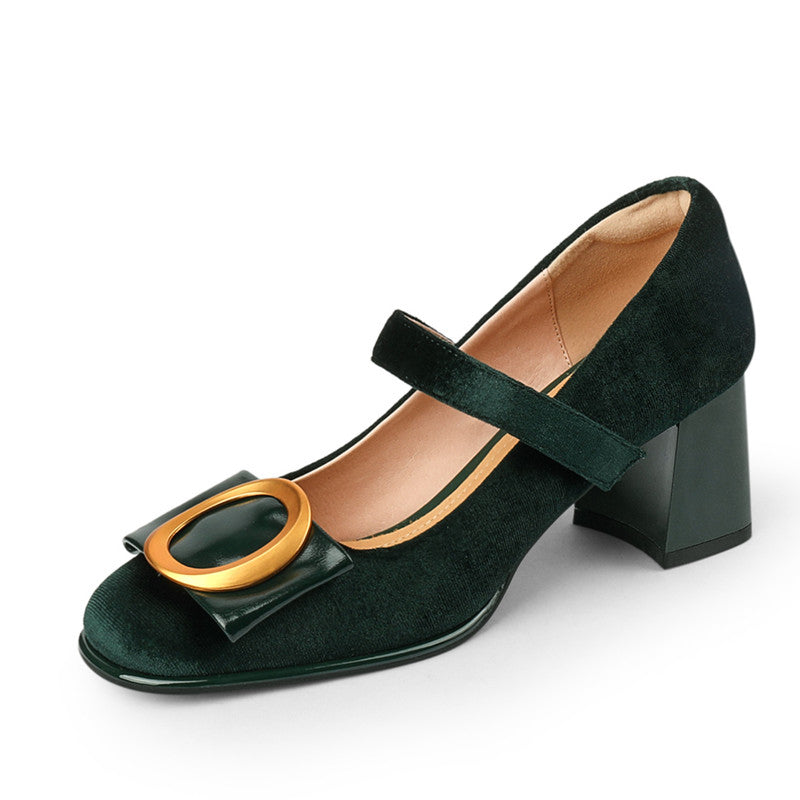 Inaya Mary Jane Emerald Green Velvet Heels