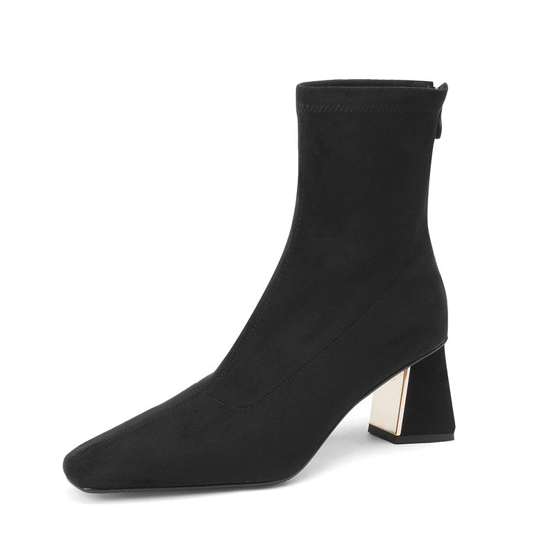 Mae Black Square Toe Sock Ankle Boots