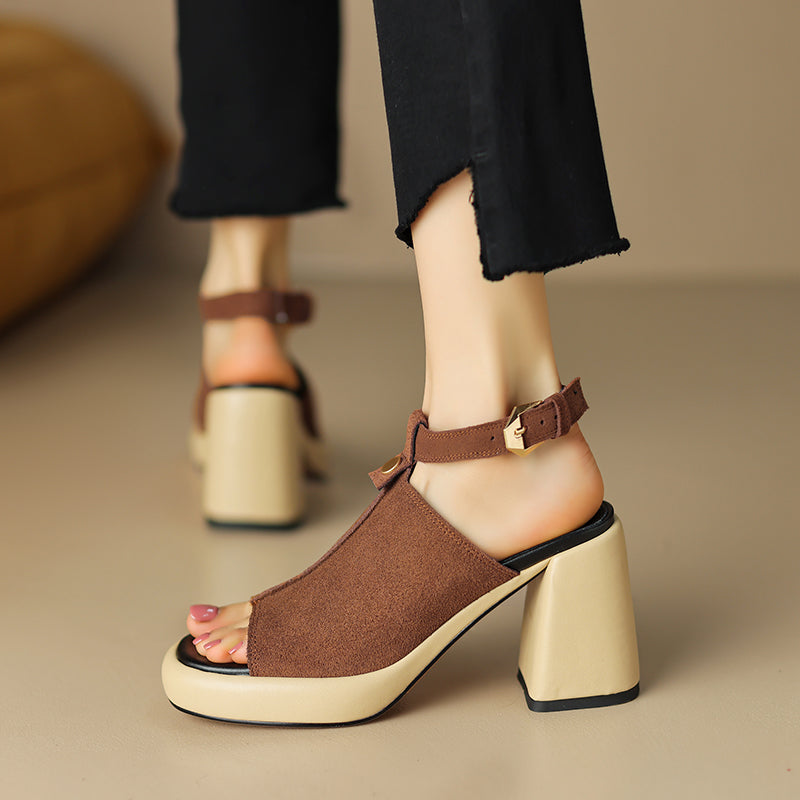 Brown Block Heel Sandals