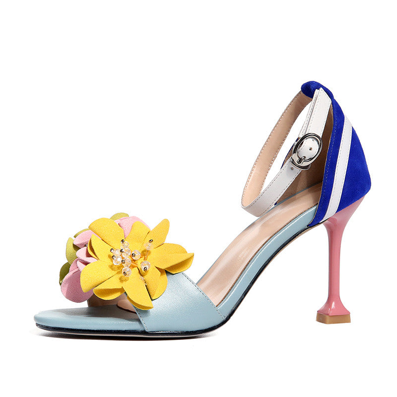 Handmade Ankle Strap Heeled Sandals with Flower Decoration