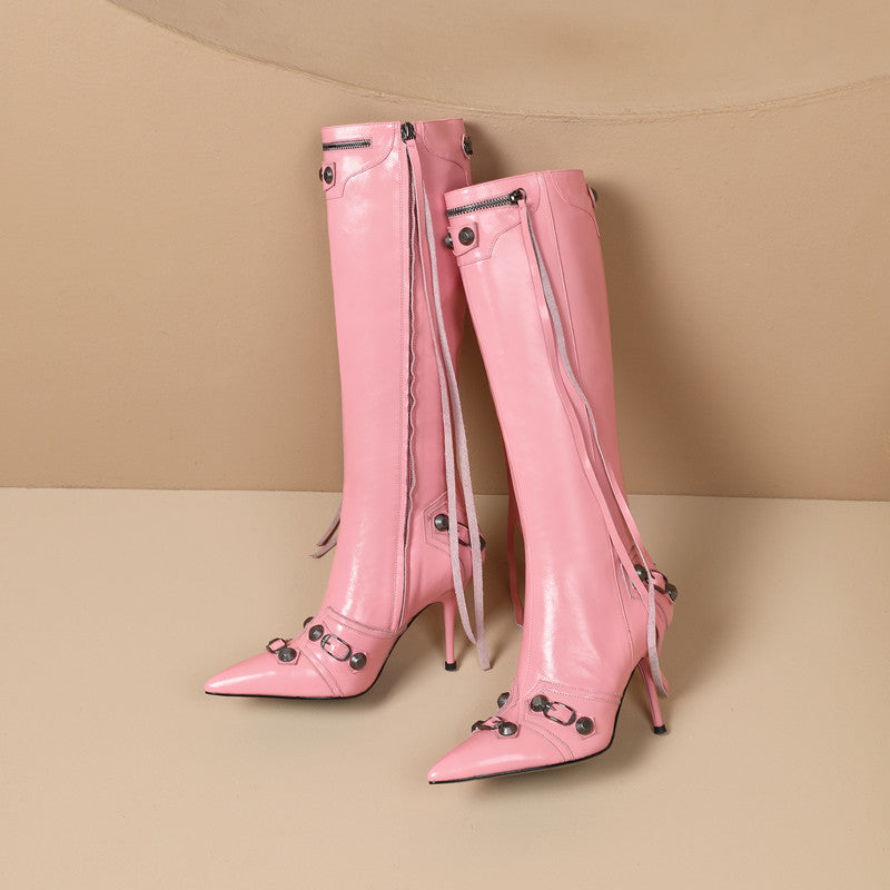 Pointed Toe Knee High Pink Boots