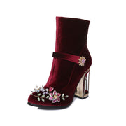 Novelty Handmade Velvet Ankle Booties with Rhinestone Floral Decoration-fyzoeshoe