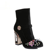Novelty Handmade Velvet Ankle Booties with Rhinestone Floral Decoration-fyzoeshoe
