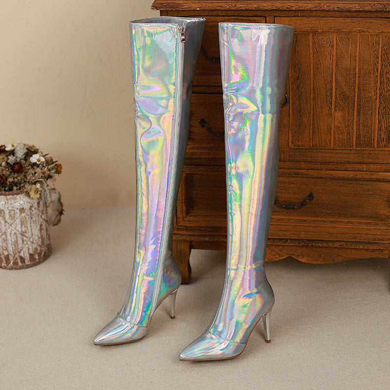 Etta Silver Holographic Thigh High Boots with Heels