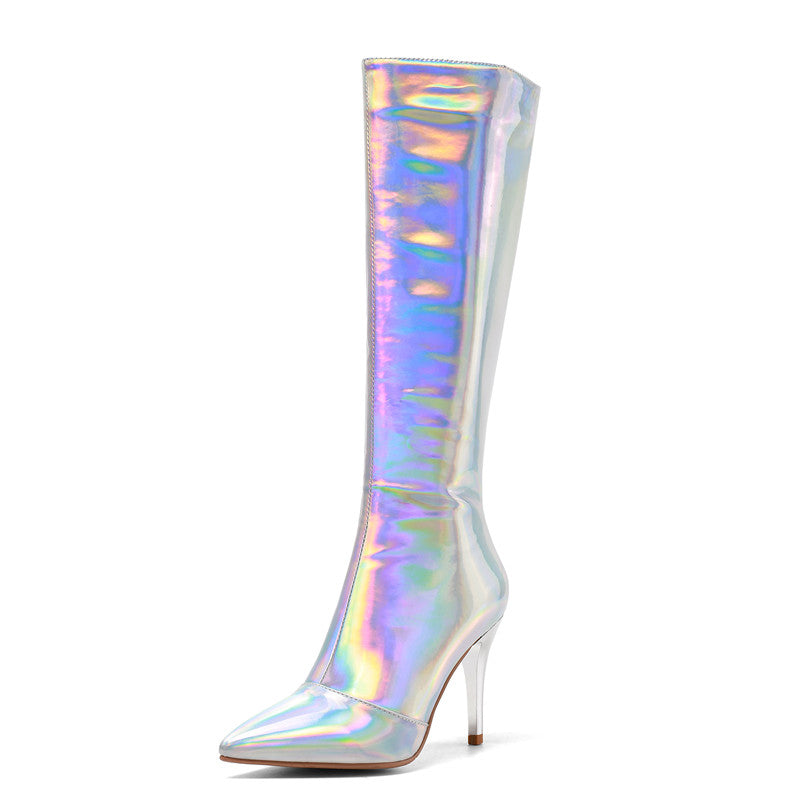 Etta Silver Holographic Knee High Boots with Heels