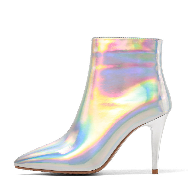 Etta Silver Holographic Stiletto Ankle Boots