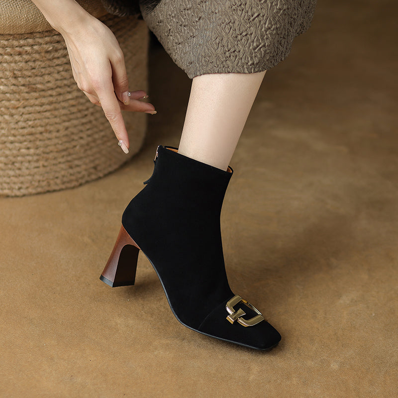 Suede Black Square Toe Ankle Boots