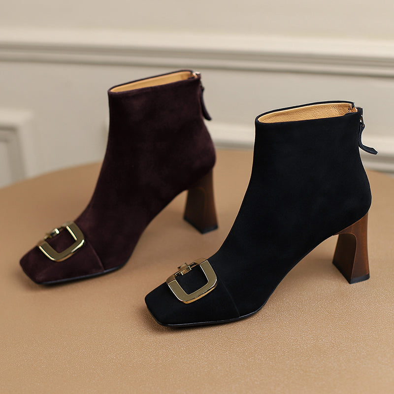 Suede  Square Toe Ankle Boots black and brown