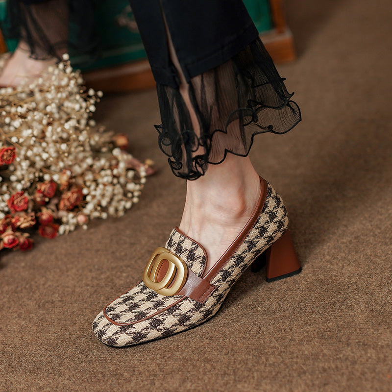 Chunky Heel Plaid Loafers with Gold Chain