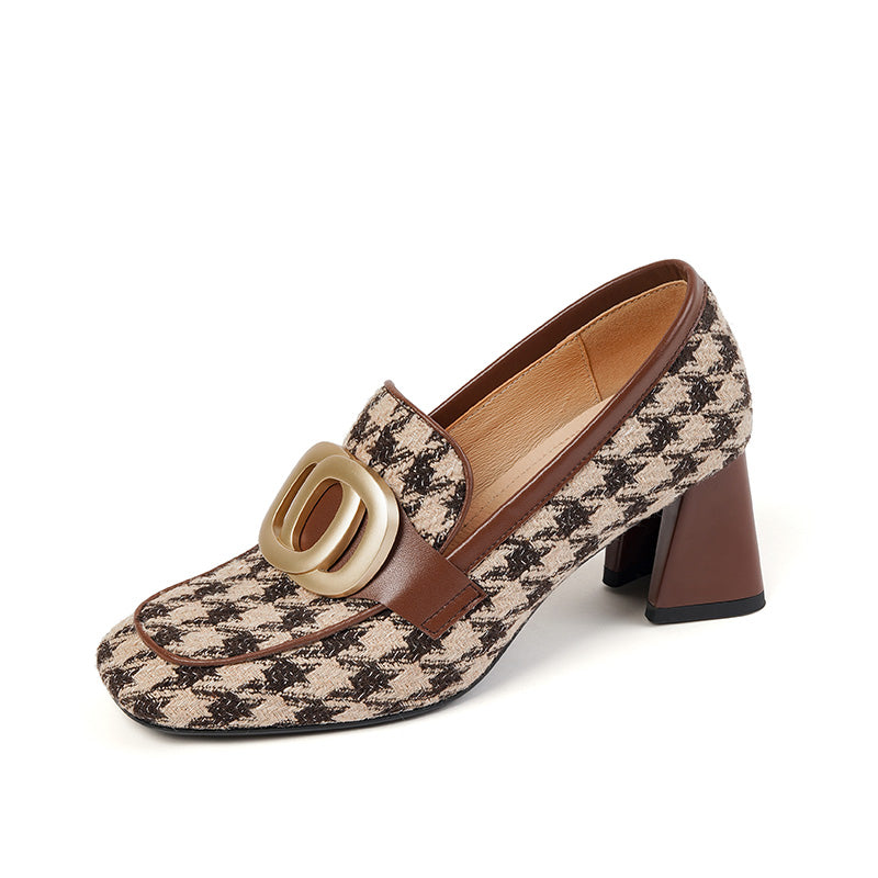 Chunky Heel Plaid Loafers with Gold Chain