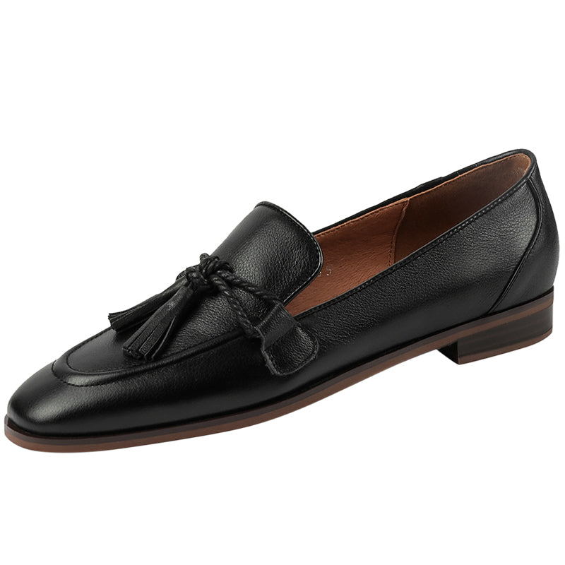 Zaira Genuine Leather Black Loafers with Tassel Bowknot