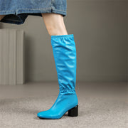Square Toe Blue Knee High Boots