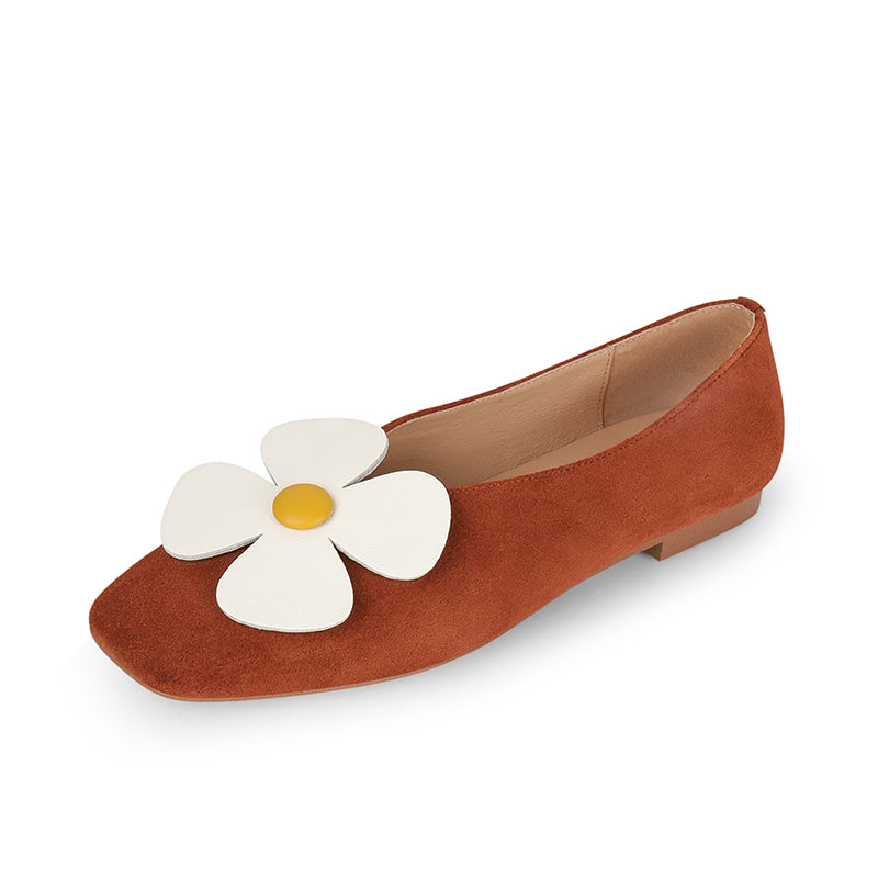 Iman Brown Square Toe Ballet Flats with Flowers