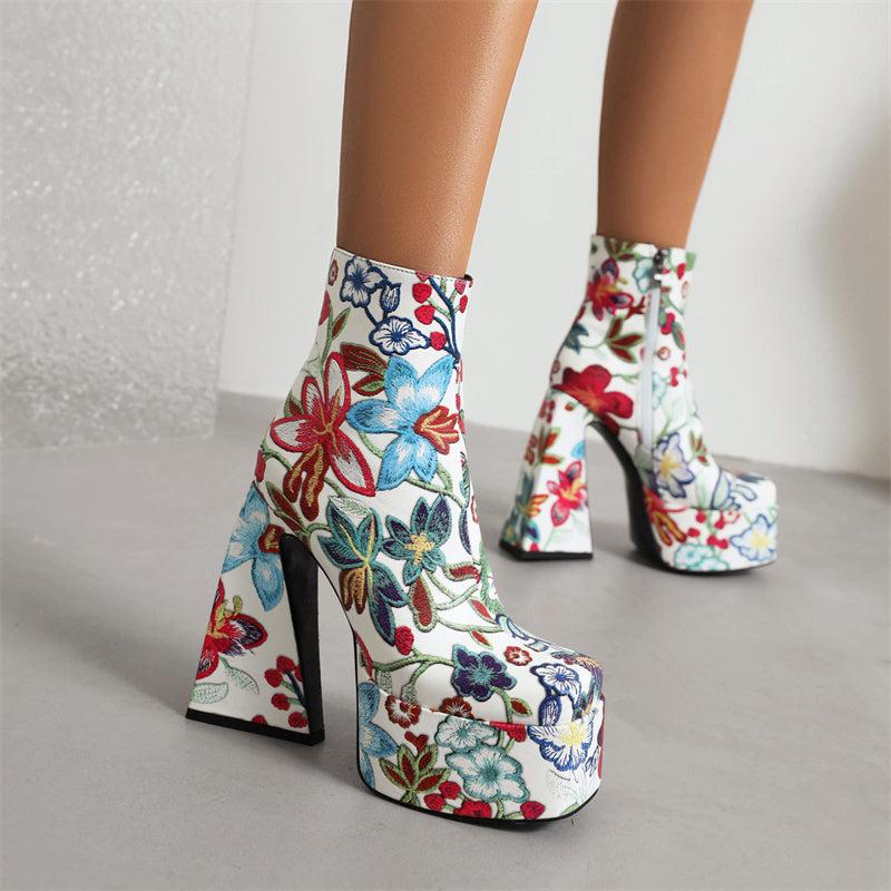 Platform Floral Embroidered Boots