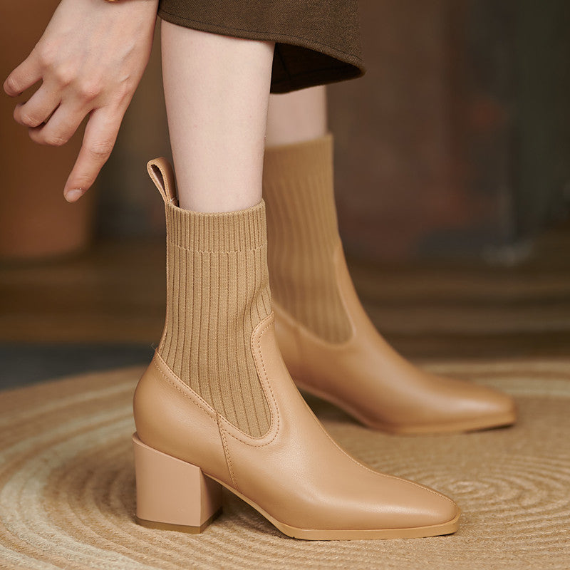 Yuliana Genuine Leather Chunky Heel Slip on Ankle Boots
