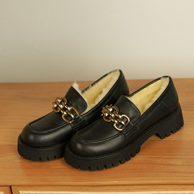 Zainab Wool Genuine Leather Platform Winter Chunky Loafers with Chain
