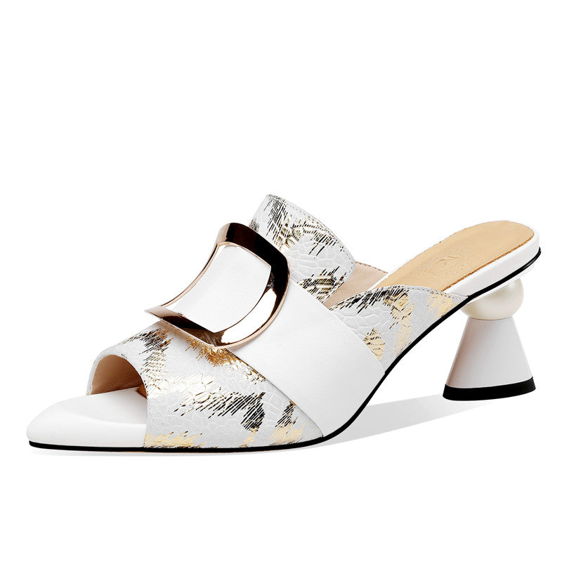 Dominique Print Leather Open Toe Novelty Heel Mules