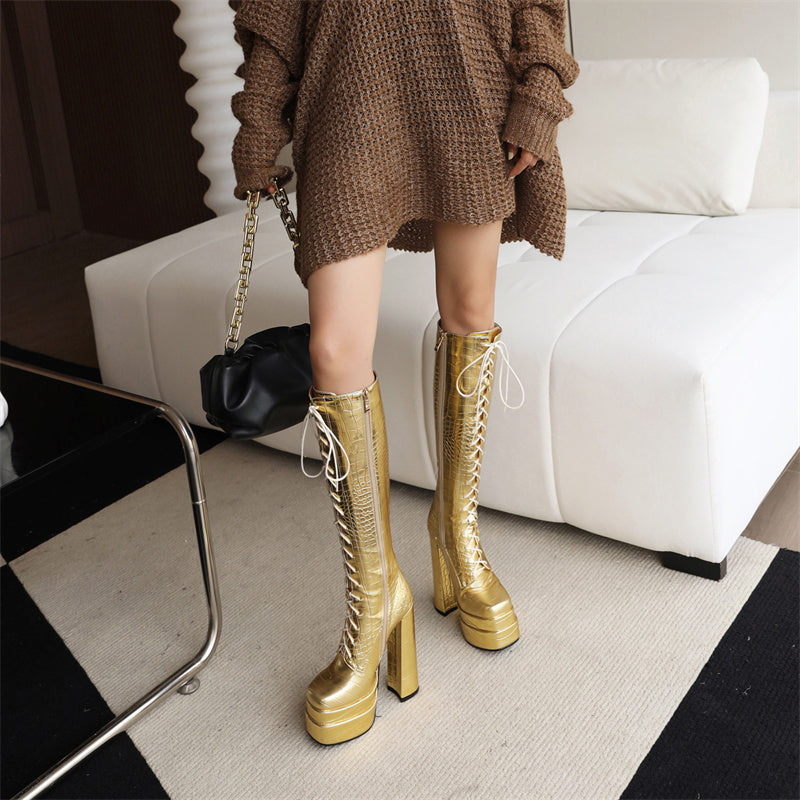 Harper Lace up Gold Knee High Boots