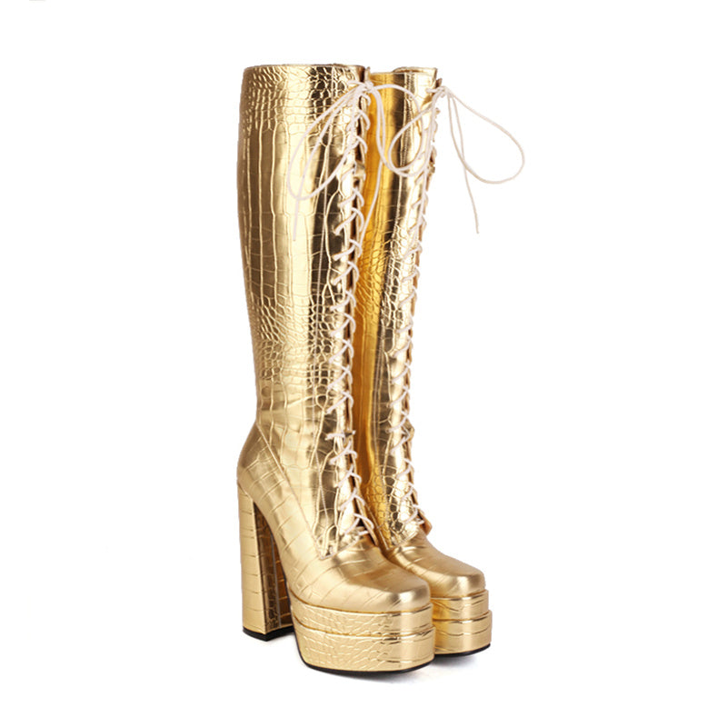 Harper Lace up Gold Knee High Boots