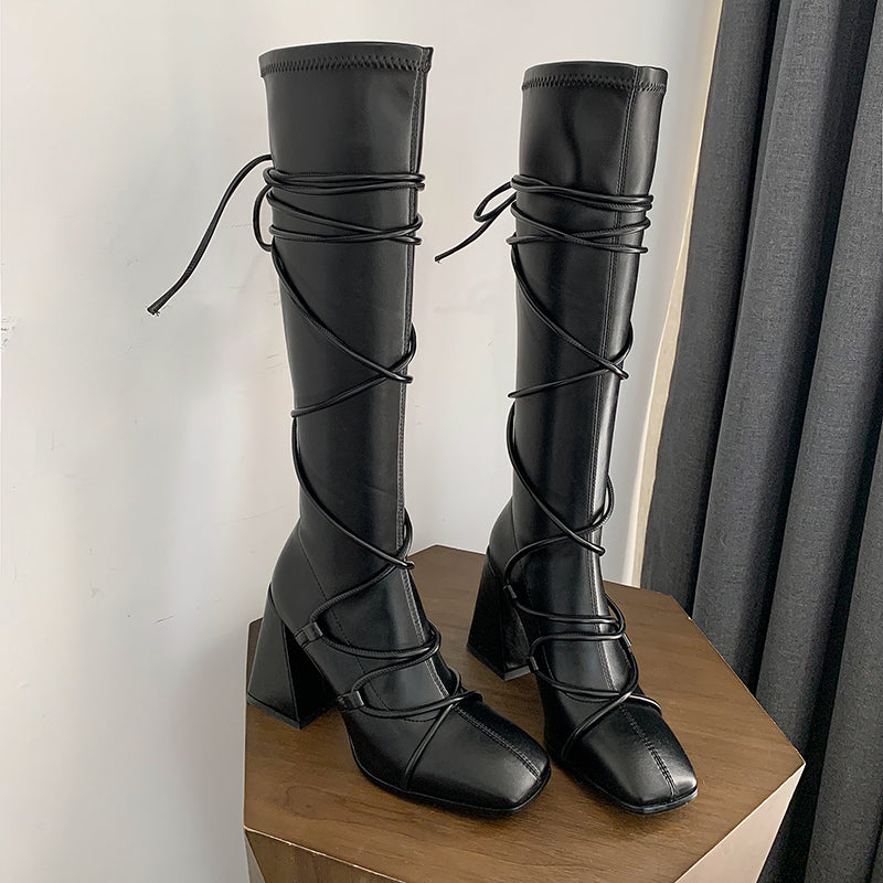 Eva Vegan Leather Chunky Heel strappy Knee High Boots