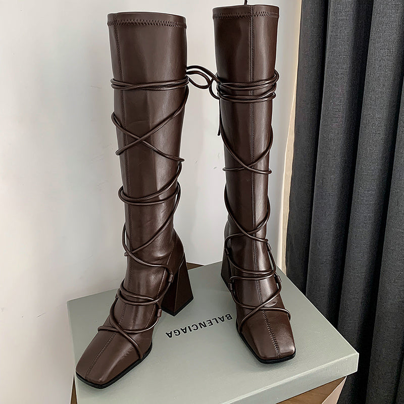 Eva Vegan Leather Chunky Heel strappy Knee High Boots