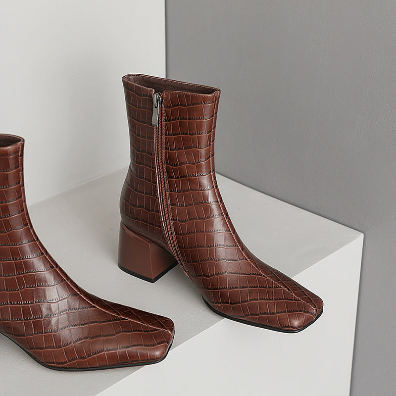 Ida Croc Embossed Leather Burgundy Ankle Boots