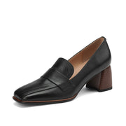 Black Square Toe Block Heeled Loafers