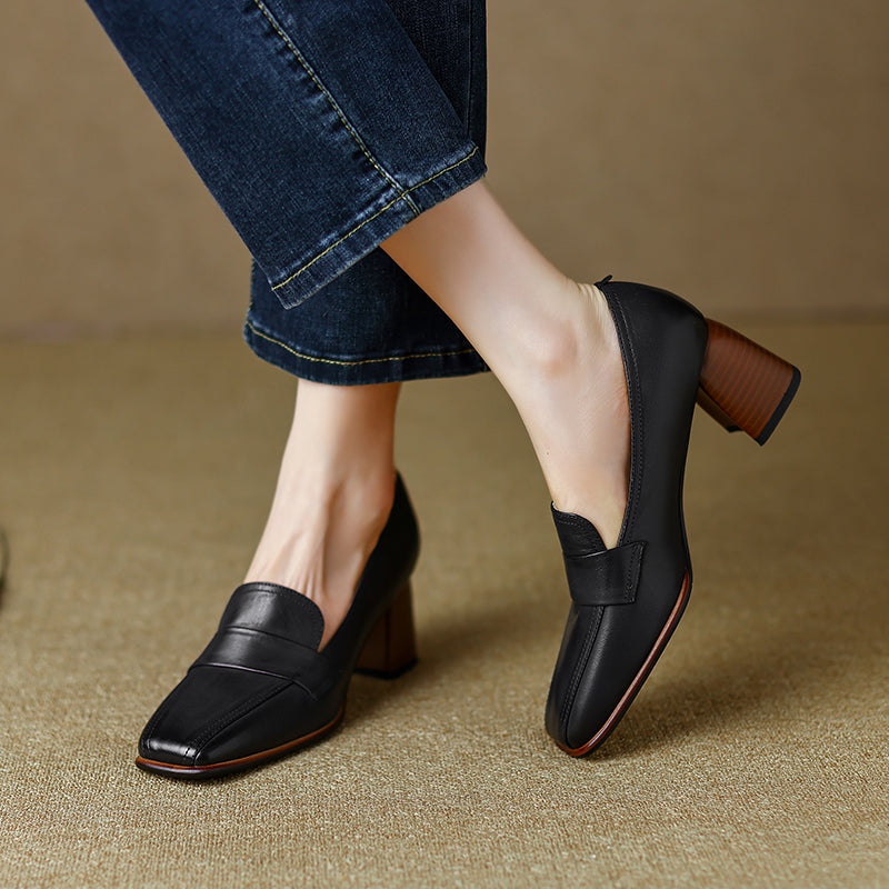 Black Square Toe Block Heeled Loafers