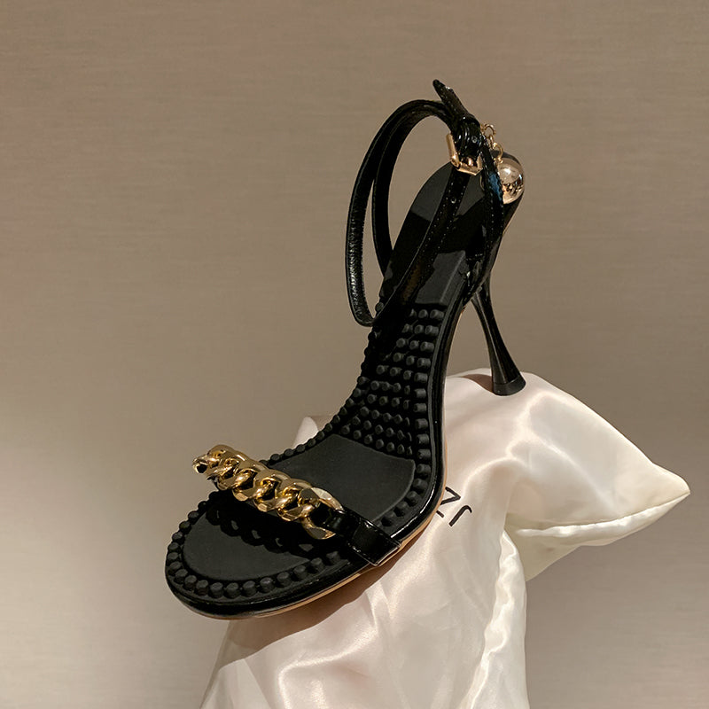 Ilana Black Ankle Strap Sandals Heels with Gold Chain
