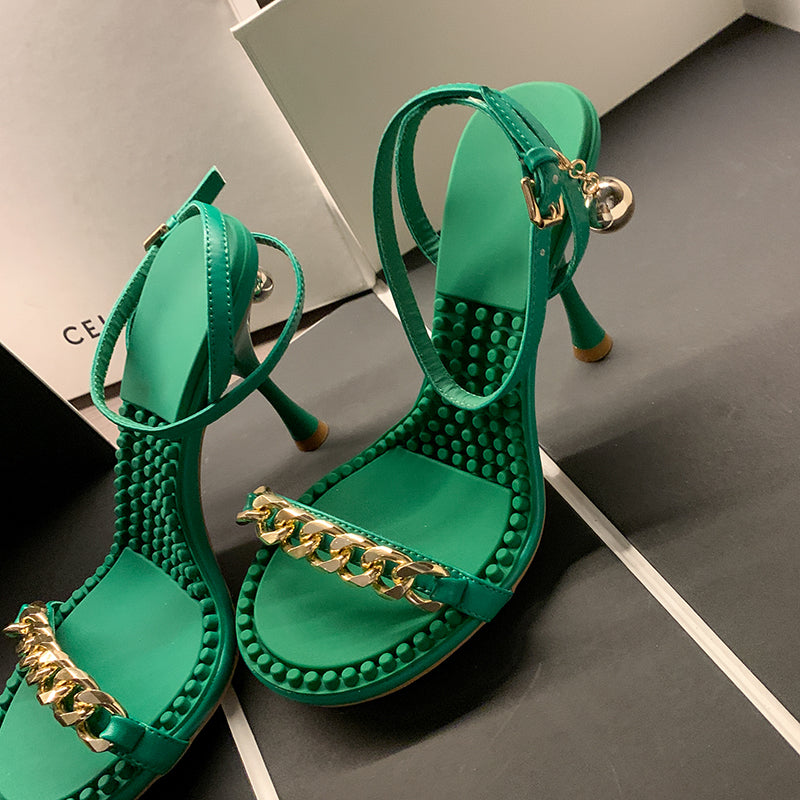 Green Sandals Heels with Gold Chain FY Zoe