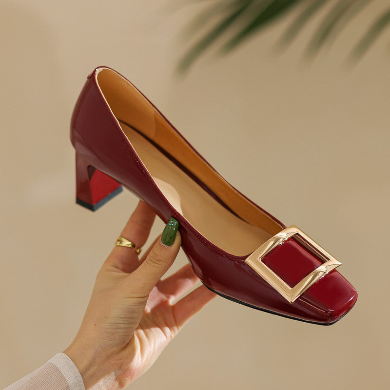 Hadley Patent Leather Square Toe Handmade Low Heels with Square Buckle