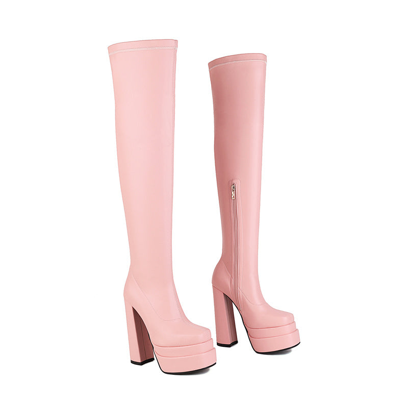 Pink Thigh High Boots | Peep Toe Thigh High Boots- FY Zoe