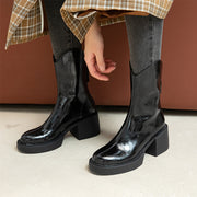 Platform Black Leather Block Heel Boots