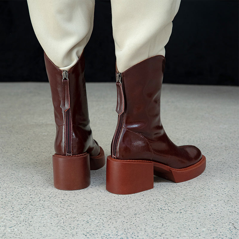 Platform Burgundy Leather Boots Women's
