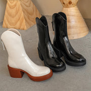 Platform Black Leather Block Heel Boots
