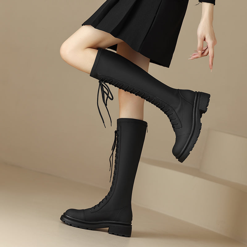 Black Knee High Lace up Combat Boots