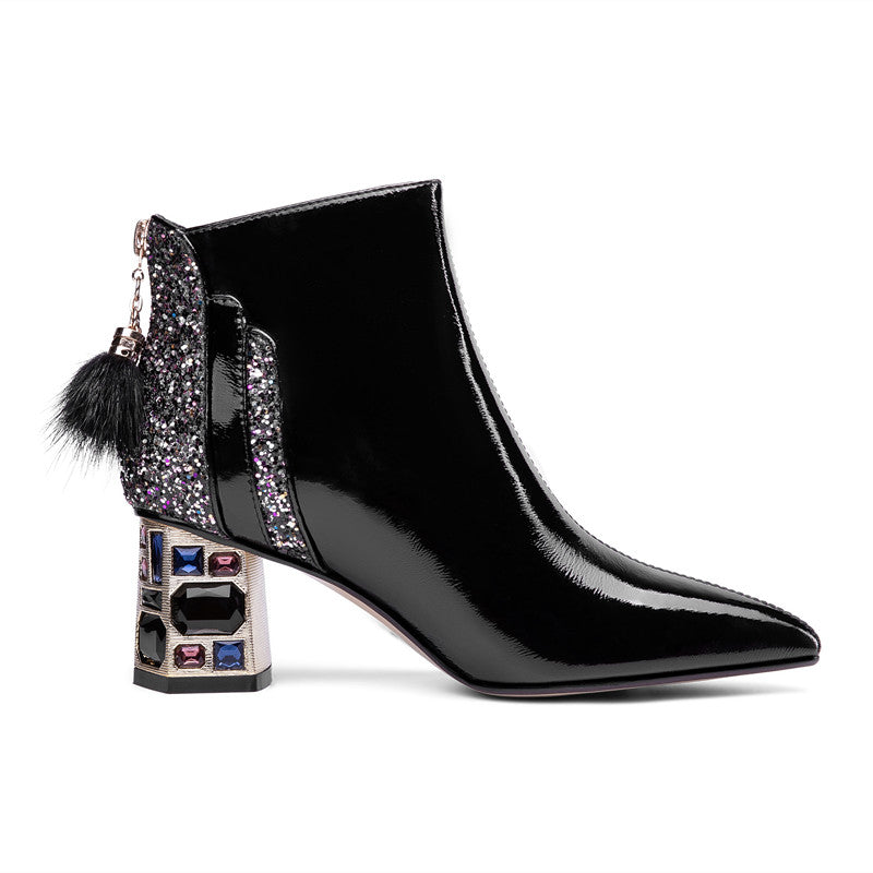Pointed Toe block Heel patent leather Boots