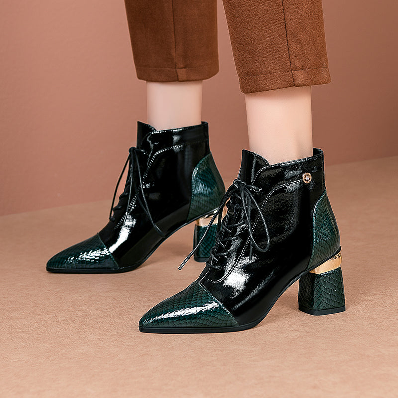 Lace up Heeled Green Boots Women