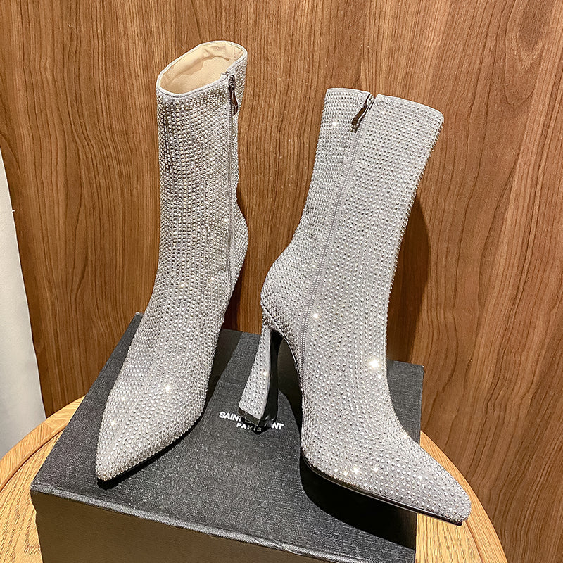Rhinestone Heel Boots Silver