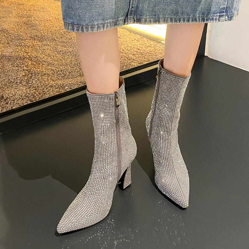 Rhinestone Heel Boots Silver