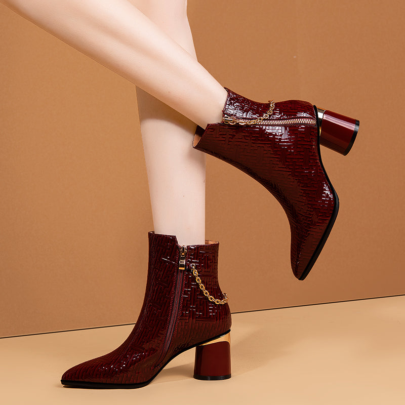 Pointed Toe Block Heel Ankle Boots Burgundy