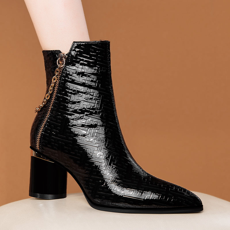 Pointed Toe Block Heel Ankle Boots Black