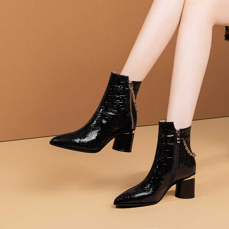 Pointed Toe Block Heel Ankle Boots Black